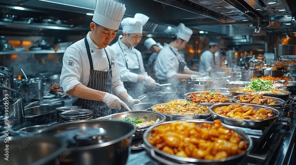 Professional Chefs in a Busy Kitchen Preparing Delicious Food Professional Chefs in a Busy Kitchen Preparing Delicious Food