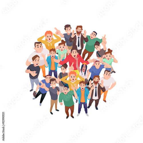 crowd top view. people standing in circle and holding hands up vector characters