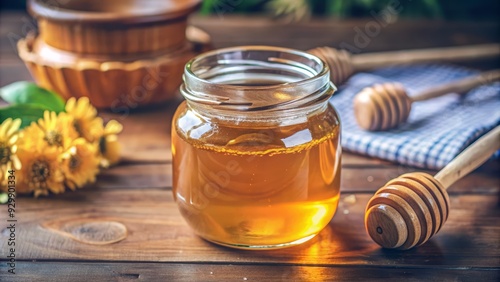 Jar of Honey with Wooden Dipper and Flowers on Rustic Wooden Table