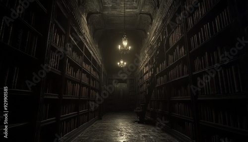 Dimly Lit Haunted Library with Rows of Old Books and Dark Atmosphere