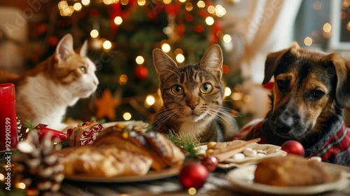 Pet-friendly Family Gathering with Feline and Canine Enjoying Cozy Dinner.