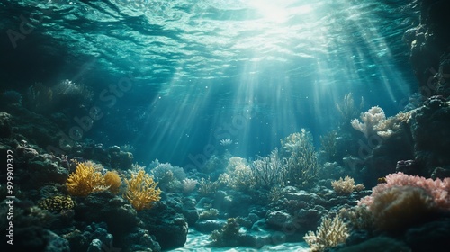 Sunbeams Illuminating Underwater Coral Reef