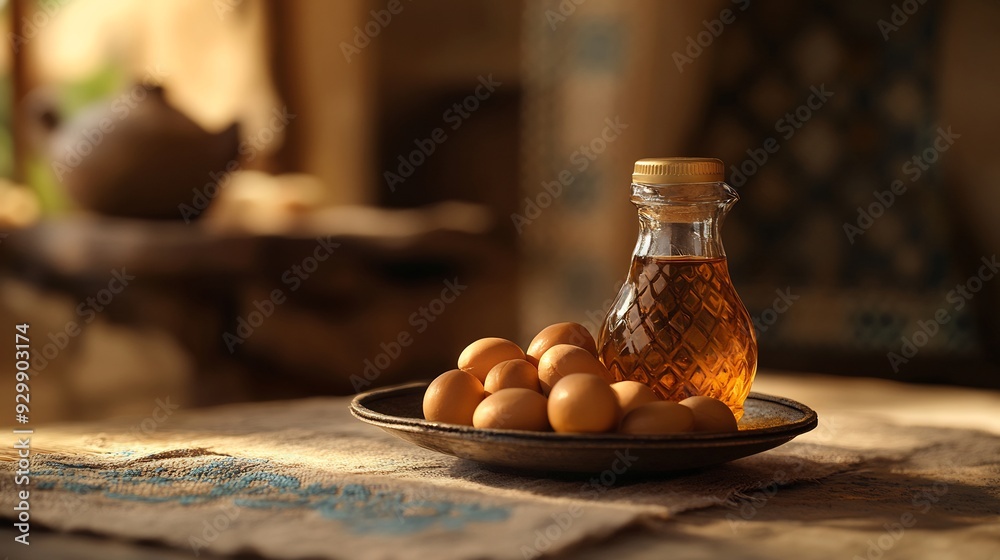 A Bottle of Oil and Eggs on Rustic Table A Bottle of Oil and Eggs on Rustic Table