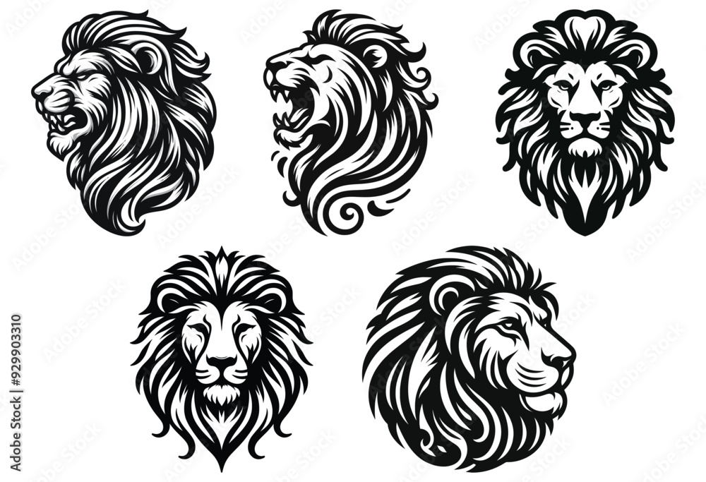 Bold lion head illustrations, black and white vector set, symbols of strength and royalty Bold lion head illustrations, black and white vector set, symbols of strength and royalty