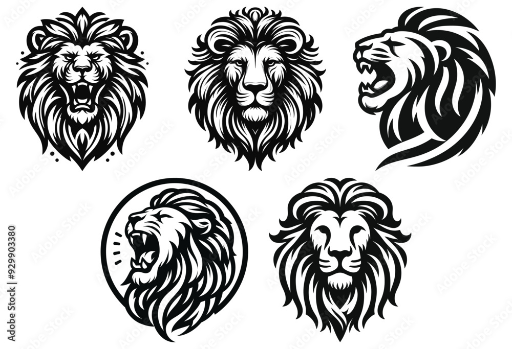 Lion illustrations in black and white, tattoo style, isolated on white background, design inspiration Lion illustrations in black and white, tattoo style, isolated on white background, design inspiration