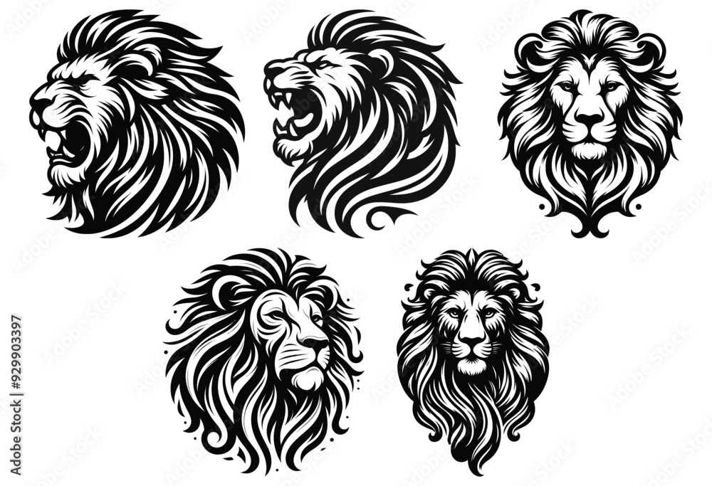 Artful lion head illustrations black and white vector design, perfect for tattoos or logos Artful lion head illustrations black and white vector design, perfect for tattoos or logos