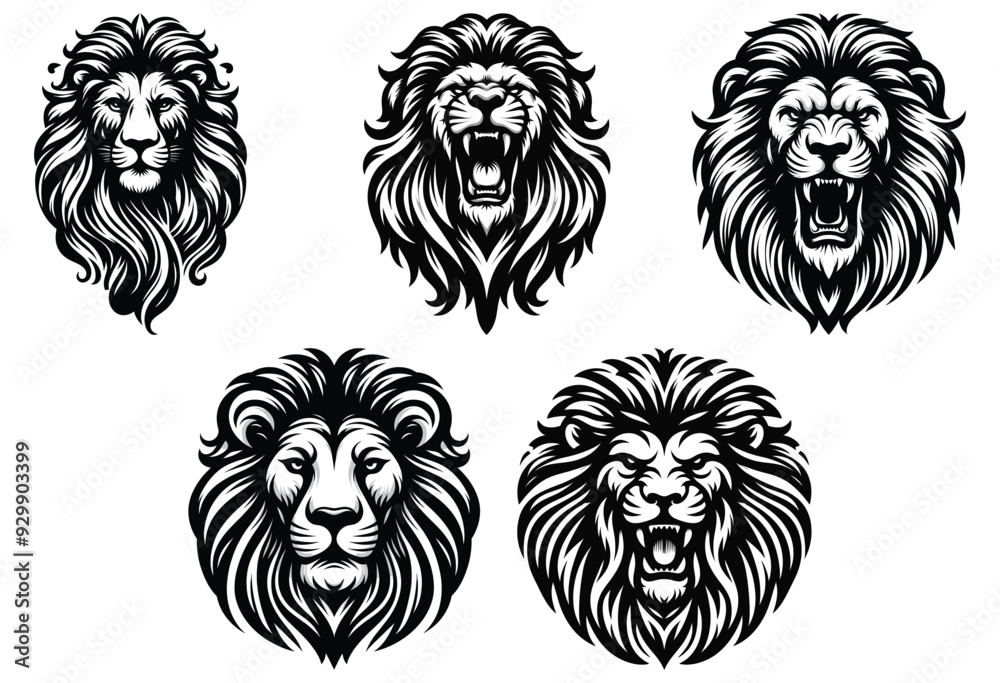 Fototapeta premium Detailed black and white lion head illustrations, isolated against white, ideal for tattoo design