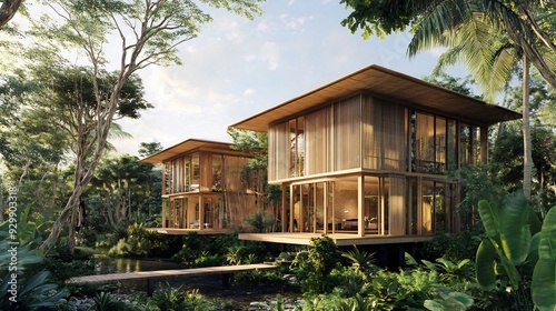 Modern Wooden Cabins in Tropical Jungle Setting