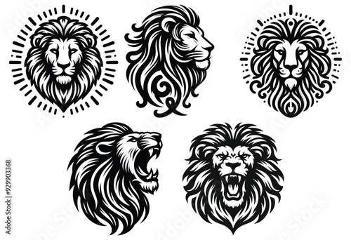 Stylized lion head illustrations, black and white vector designs isolated on white background