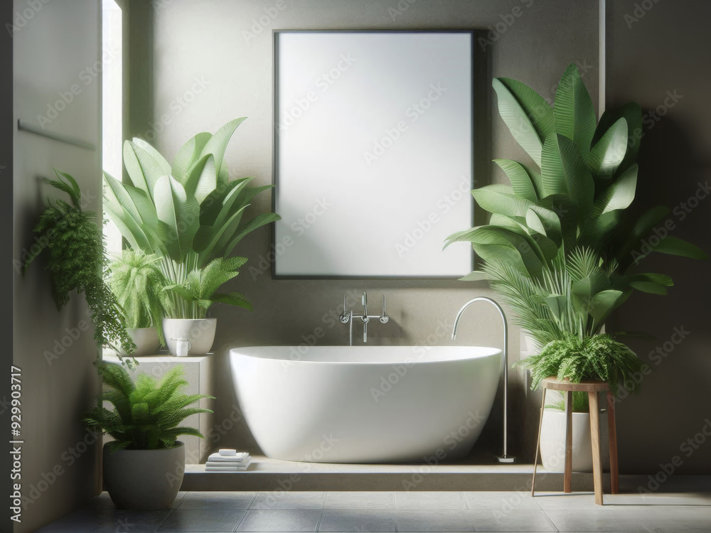 Fototapeta premium A modern bathroom with a freestanding bathtub, surrounded by lush green plants