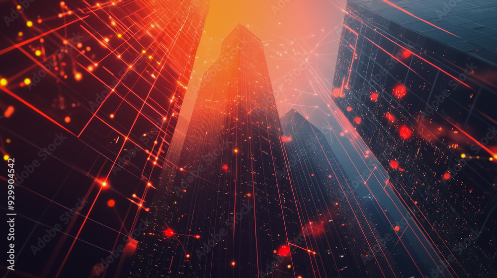 Obraz premium abstract professional business team people connection of line from nail node to node on cityscap and skyline background , innovation networking concept