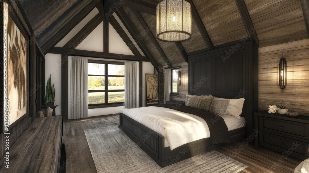 A modern rustic bedroom with a large bed, a window, and a wooden ceiling.
