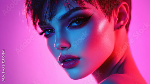 Modern woman with short hair, artistic makeup in neon light, close-up portrait, fashion