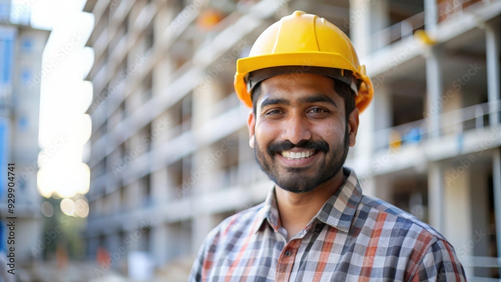 Smiling Indian Builder with Helmet - A friendly builder wearing a hard hat, posing at a construction project.
Smiling Indian Builder with Helmet - A friendly builder wearing a hard hat, posing at a construction project.