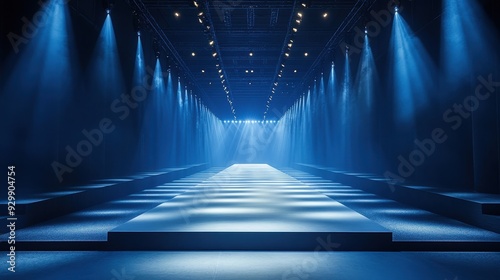 Modern Fashion Runway with Dramatic Blue Lighting and Empty Stage Ready for a Fashion Show