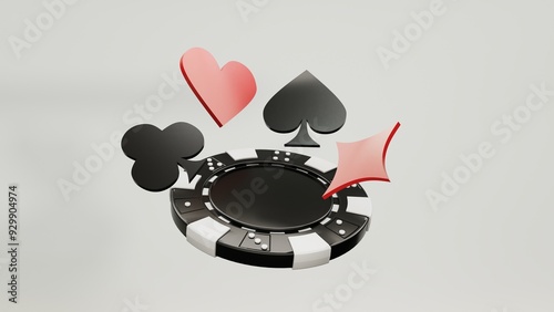 Casino chips, cubes, roulette, drum  on light wite background - 3d render. Flying chip for online casinos and mobile gambling applications, poker - winner, wealth concept.