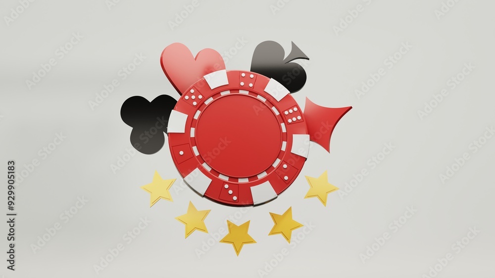 Casino chips, cubes, roulette, drum  on light wite background - 3d render. Flying chip for online casinos and mobile gambling applications, poker - winner, wealth concept.