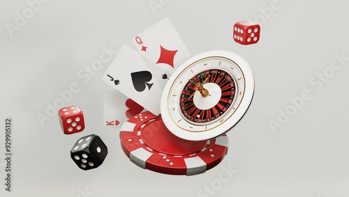 Casino chips, cubes, roulette, drum  on light wite background - 3d render. Flying chip for online casinos and mobile gambling applications, poker - winner, wealth concept.