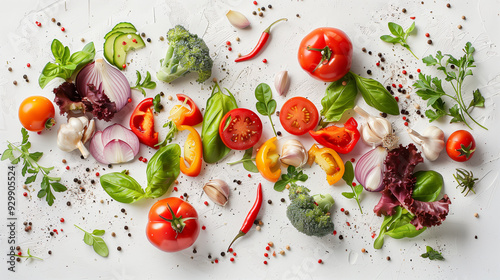 Fresh vegetables and spices arranged on a white background in a flat lay style