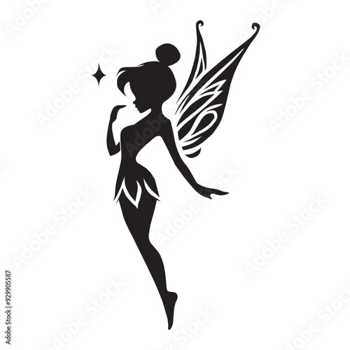 Silhouette of a fairy with ornate wings, interacting with a butterfly