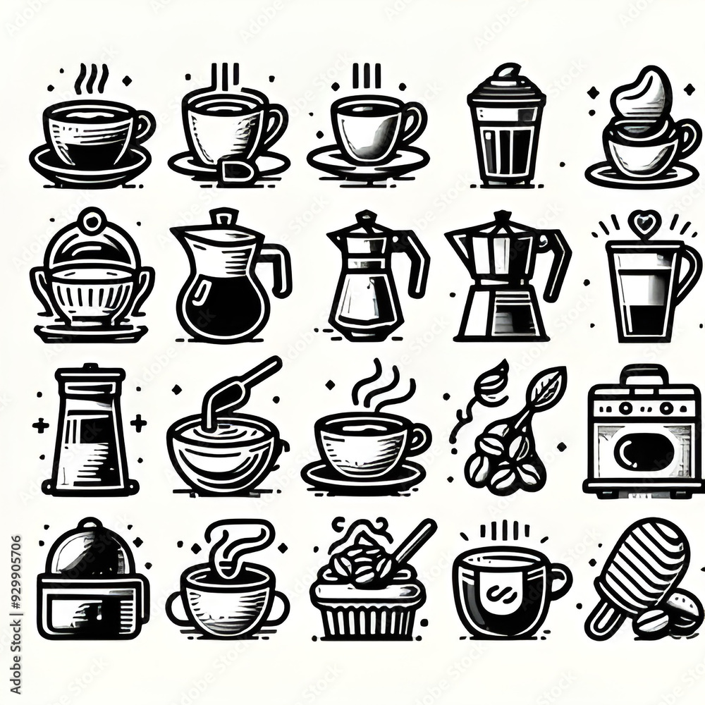 Coffee and tea cup logo Silhouette line art vector illustration on a white background. Coffee and tea set Coffee and tea cup logo Silhouette line art vector illustration on a white background. Coffee and tea set