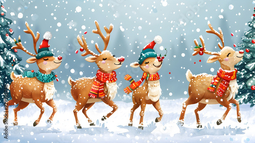 Christmas deers plying in the snow wearing santa hat. photo