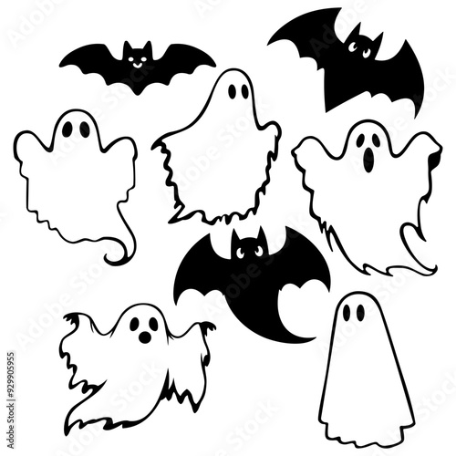 Vector silhouettes of a group of cute bats and ghosts.