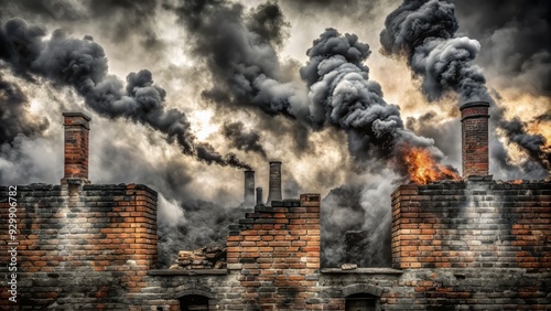 Weathered ancient brick walls, darkened by decades of smoke and ash from wood-burning stoves, reveal a textured, rugged beauty in stark black and white contrast. photo