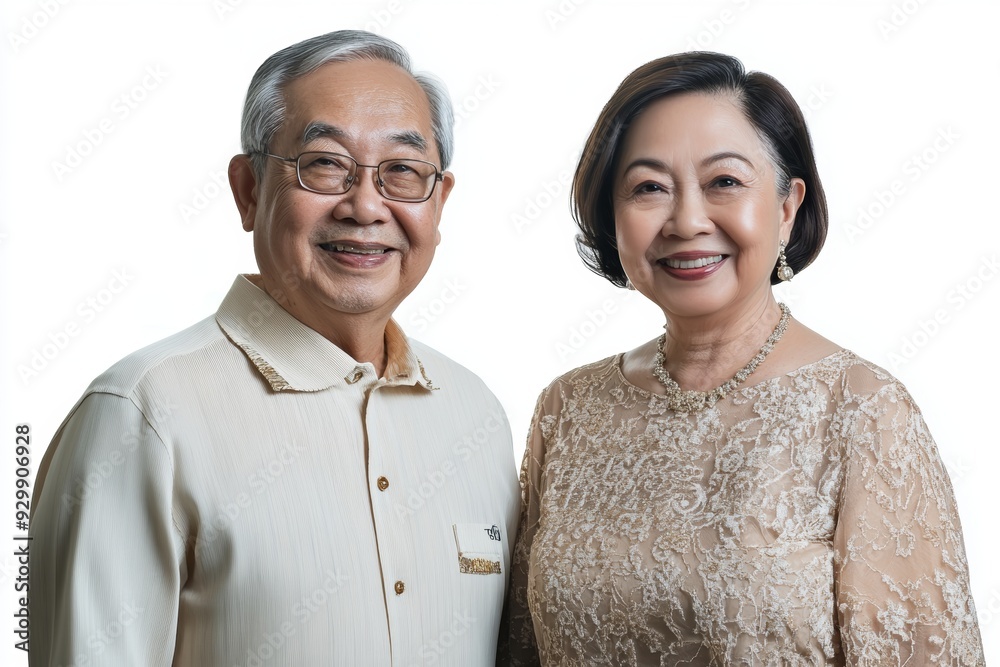 An isolated portrait of an elderly couple holding hands and smiling together, isolated on a transparent background An isolated portrait of an elderly couple holding hands and smiling together, isolated on a transparent background