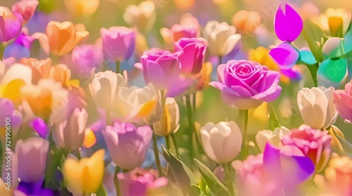 beautiful background of colorful flowers with bright atmosphere, 4k video, generated ai