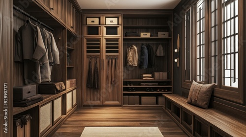 Modern wooden closet with a built-in bench and shelves.