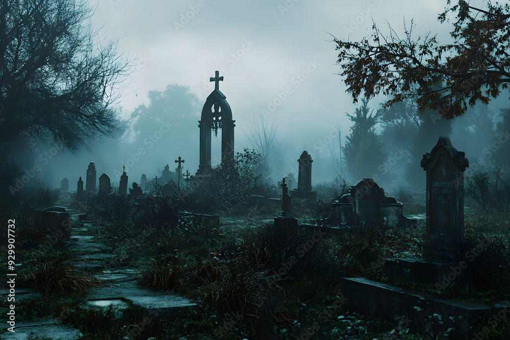 Creepy Graveyard with Tombstones and Fog isolated on white background Creepy Graveyard with Tombstones and Fog isolated on white background