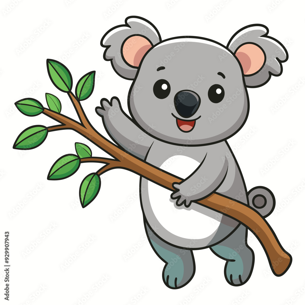 Fototapeta premium Cute Koala Catching Branch Wood Tree Cartoon Vector Icon Illustration