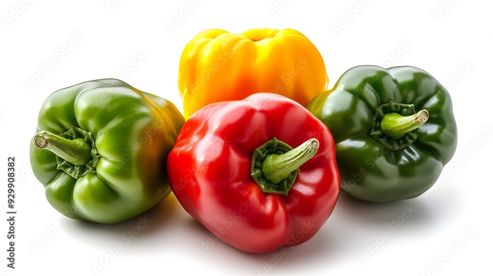 Three colorful bell peppers, red, green, and yellow, isolated on a white background. Three colorful bell peppers, red, green, and yellow, isolated on a white background.