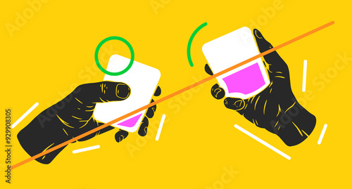 Two hands holding glass with cocktail or alcohol. Abstract concept art in colorful style for holiday, festival or celebration. Modern minimal vector illustration.