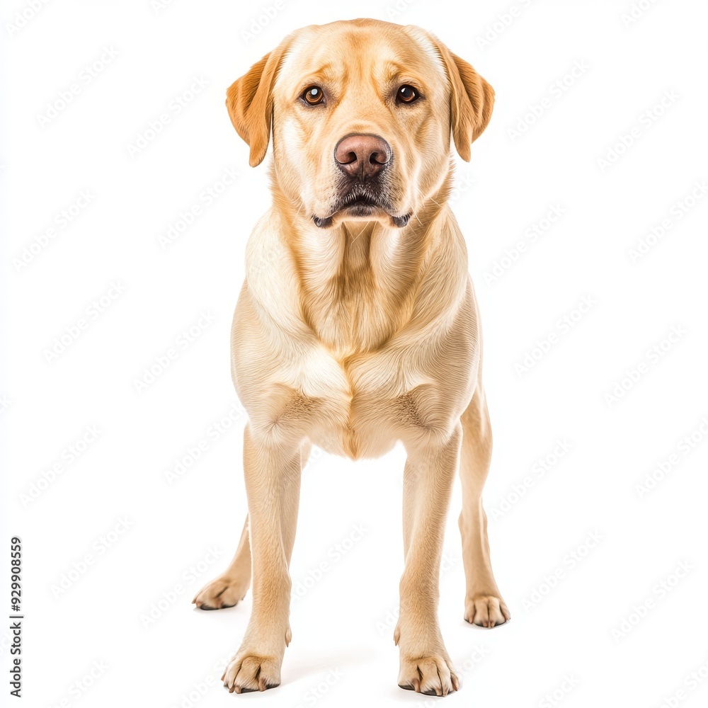 A Labrador retriever dog stands isolated on a white, transparent background A Labrador retriever dog stands isolated on a white, transparent background