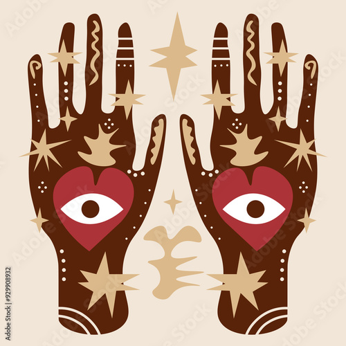 Magical boho patterned hand art mystical meditation witchcraft sacred symbol. Hamsa magical palm with eye shaped amulet inside. Illustration for yoga and reiki, holistic medicine spiritual concepts