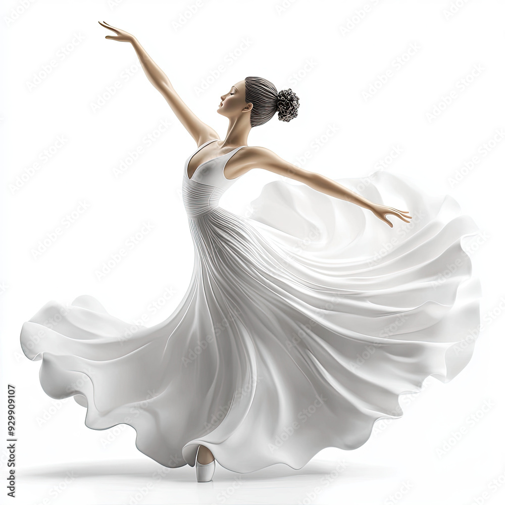 Naklejka premium 3D porcelain figurine of a ballerina in white, isolated, on a white background. A resource for creativity, a decorative element. Illustration for advertising, print, decoration for presentation.