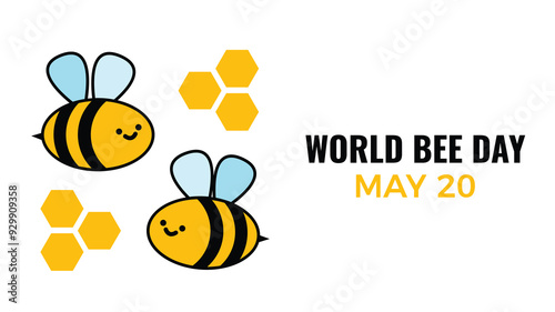 Happy World Bee Day May 20 celebration poster. Cute bees and honeycombs. Simple flat vector illustration. Kawaii bees
