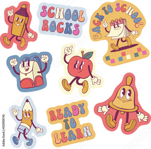 Retro groovy school stickers design