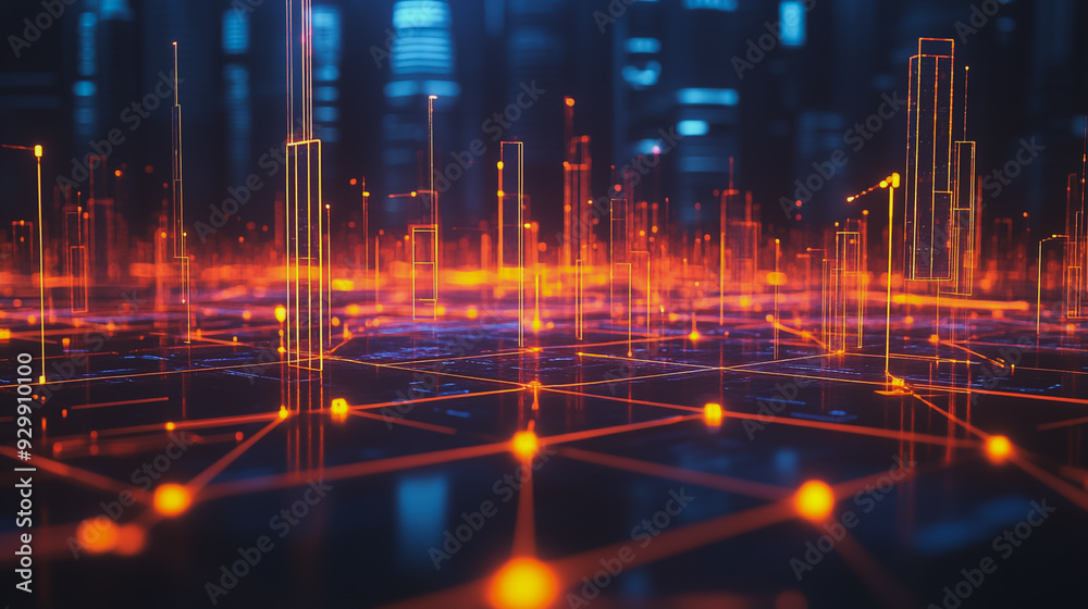 abstract professional business team people connection of line from nail node to node on cityscap and skyline background , innovation networking concept