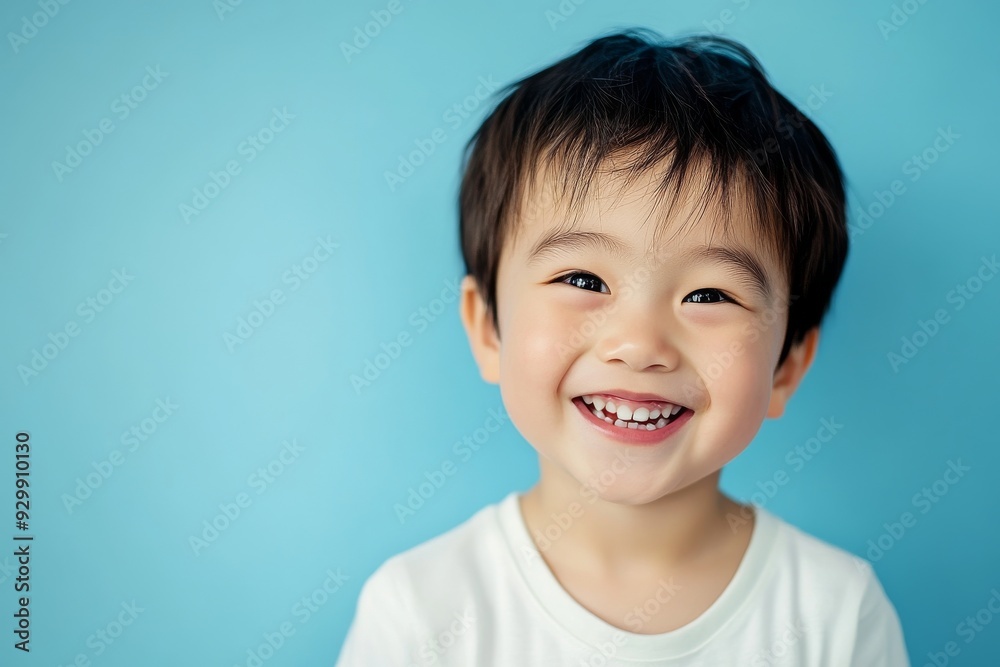 Cute Asian little kid smiling and feeling happy, isolated on blue background. Cute Asian little kid smiling and feeling happy, isolated on blue background.