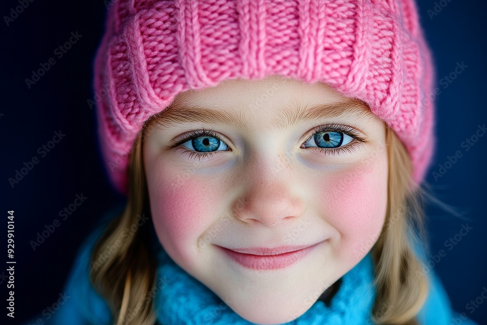 A smiling little kid wears a pink knitted beanie hat in a copy space indoor studio shot. A smiling little kid wears a pink knitted beanie hat in a copy space indoor studio shot.