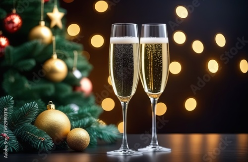 Two glasses of champagne on New Year's Eve background, dark background, Christmas lights, bokeh