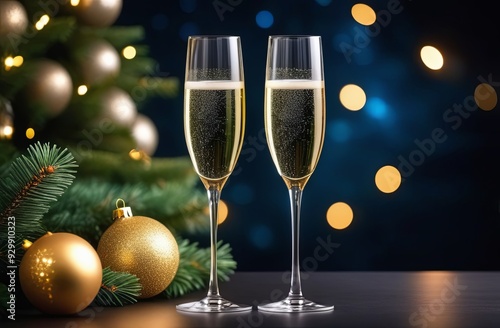 Champagne glasses on a dark Christmas background, New Year holiday concept