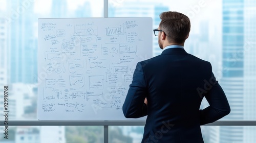 A businessman analyzing data on a whiteboard in a corporate office, surrounded by a skyline view.