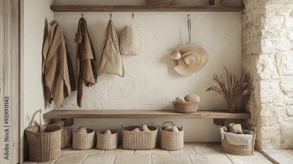 Rustic Entryway with Wicker Baskets, Wooden Bench, and Stone Walls. Rustic Entryway with Wicker Baskets, Wooden Bench, and Stone Walls.