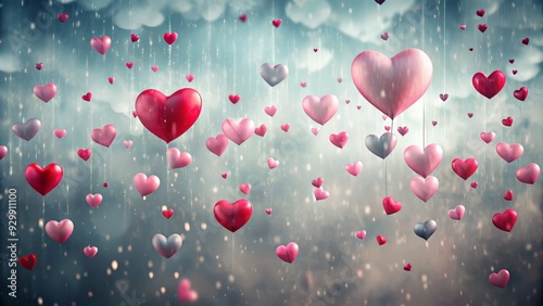 Whimsical illustration of pink and red hearts gently falling from the sky, amidst soft rain droplets, on a misty grey background with subtle texture. photo