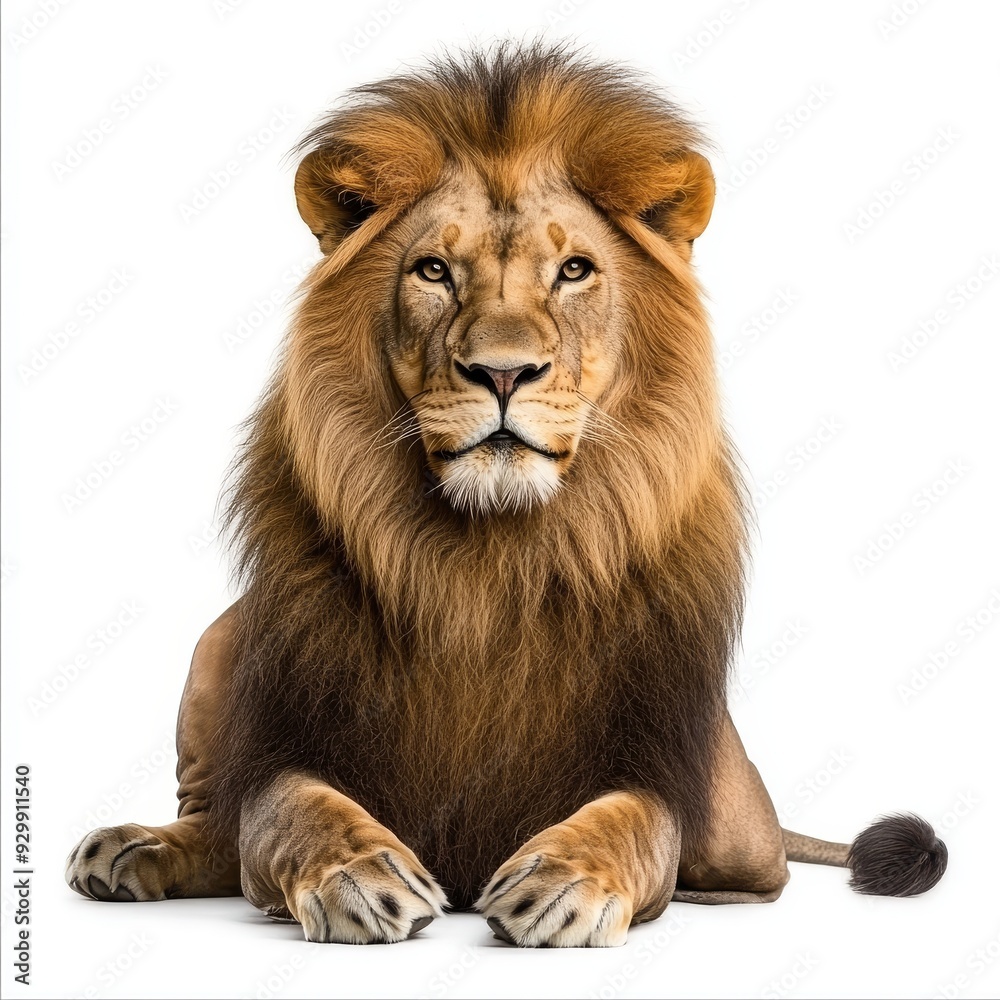 Fototapeta premium Angry African lion looking straight at the camera. Isolated on transparent background.