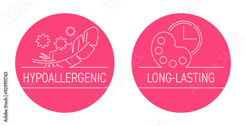 Cosmetics products benefits icons - long-lasting, hypoallergenic